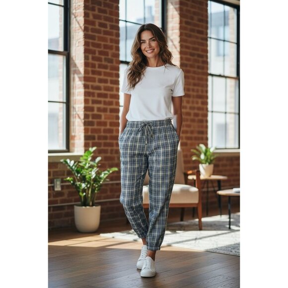 Messhi Womens L Black/White Plaid Checkered Elastic Waist Jogger Pants Stretch - Picture 1 of 10